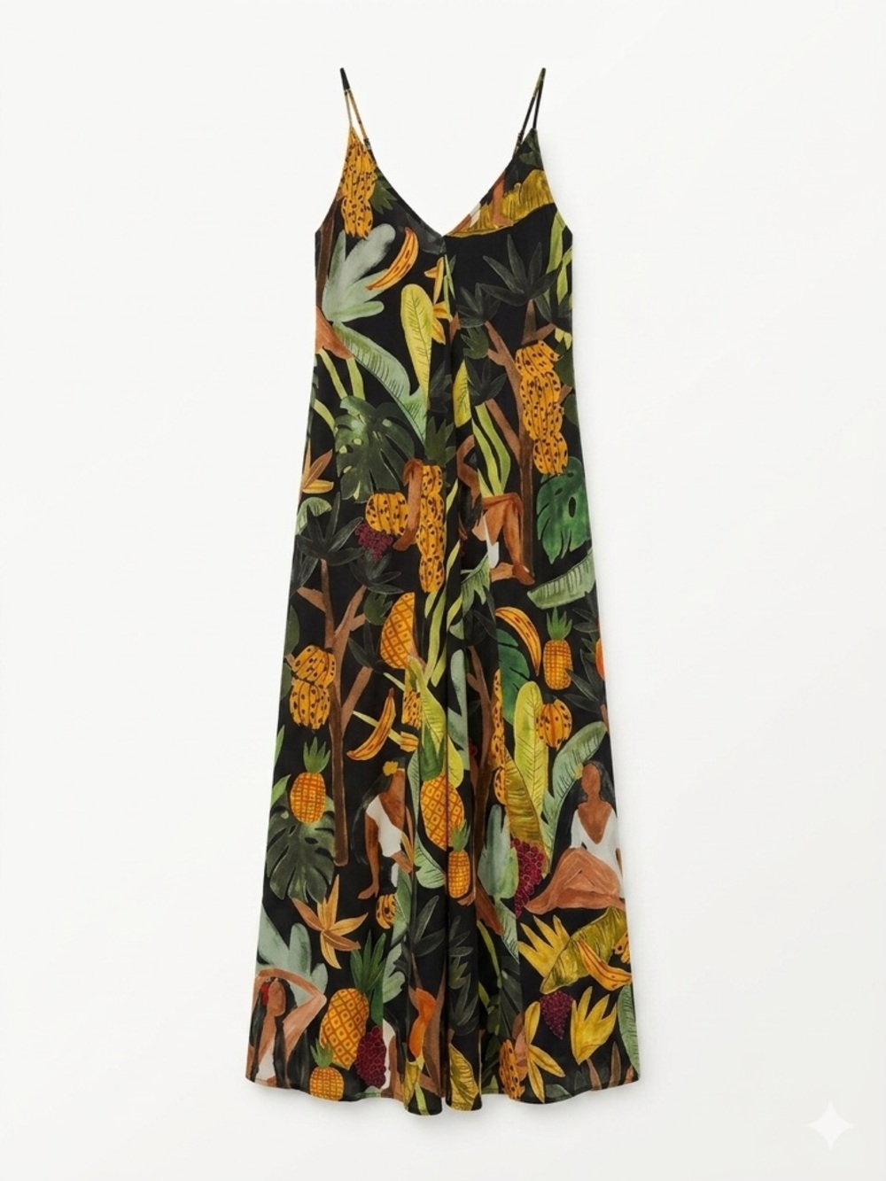 FARM Rio Black Dress Banana & Green Leaf Print g large jungle vacation slip